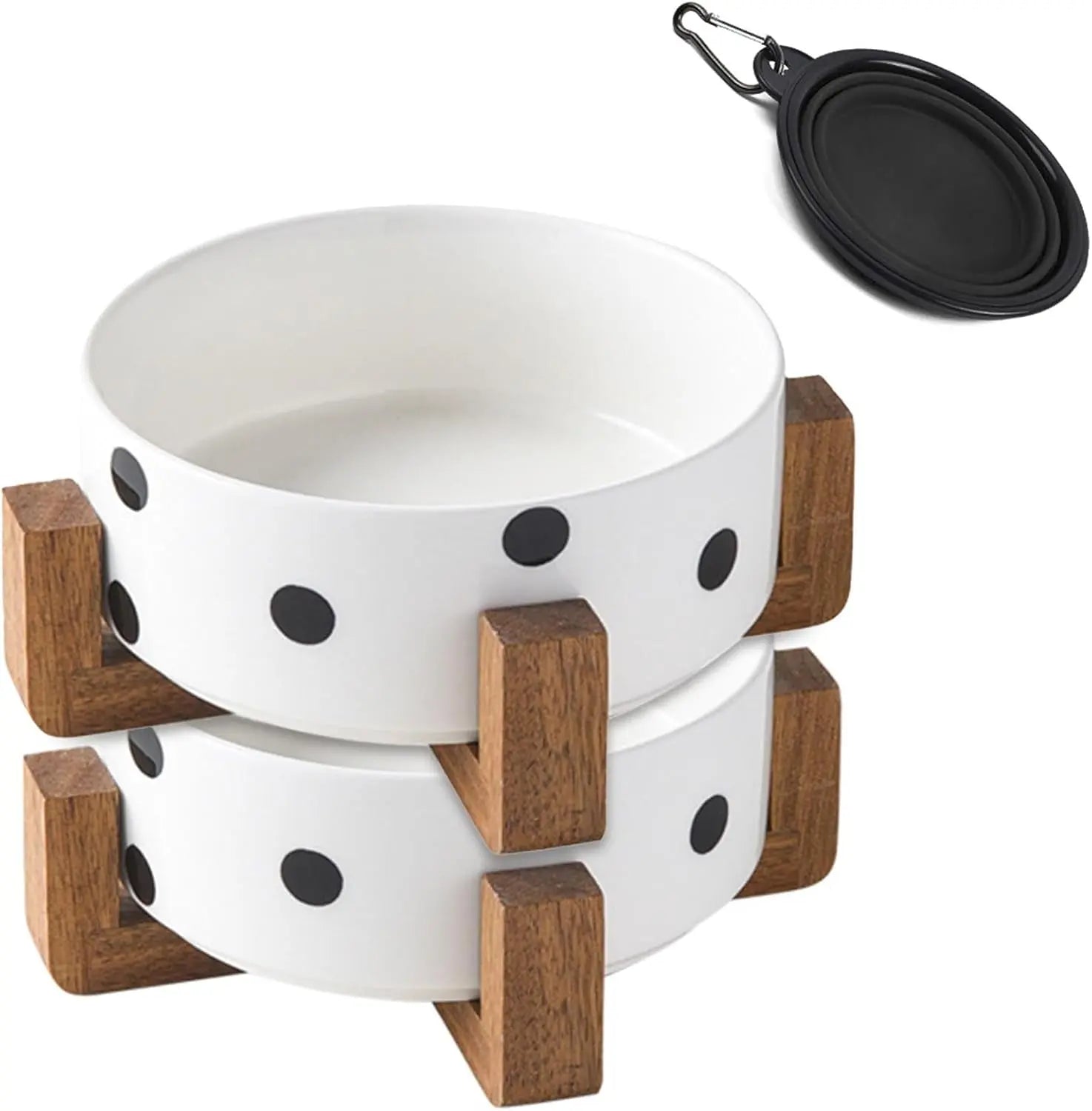 Modern Ceramic Cat & Dog Bowl Set with Wood Stand, Non-Slip, Set of 2