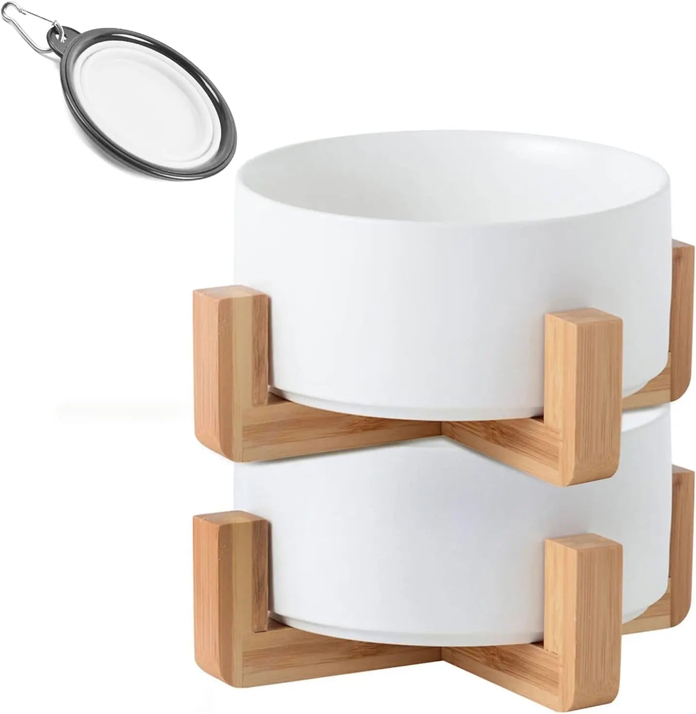 Modern Ceramic Cat & Dog Bowl Set with Wood Stand, Non-Slip, Set of 2