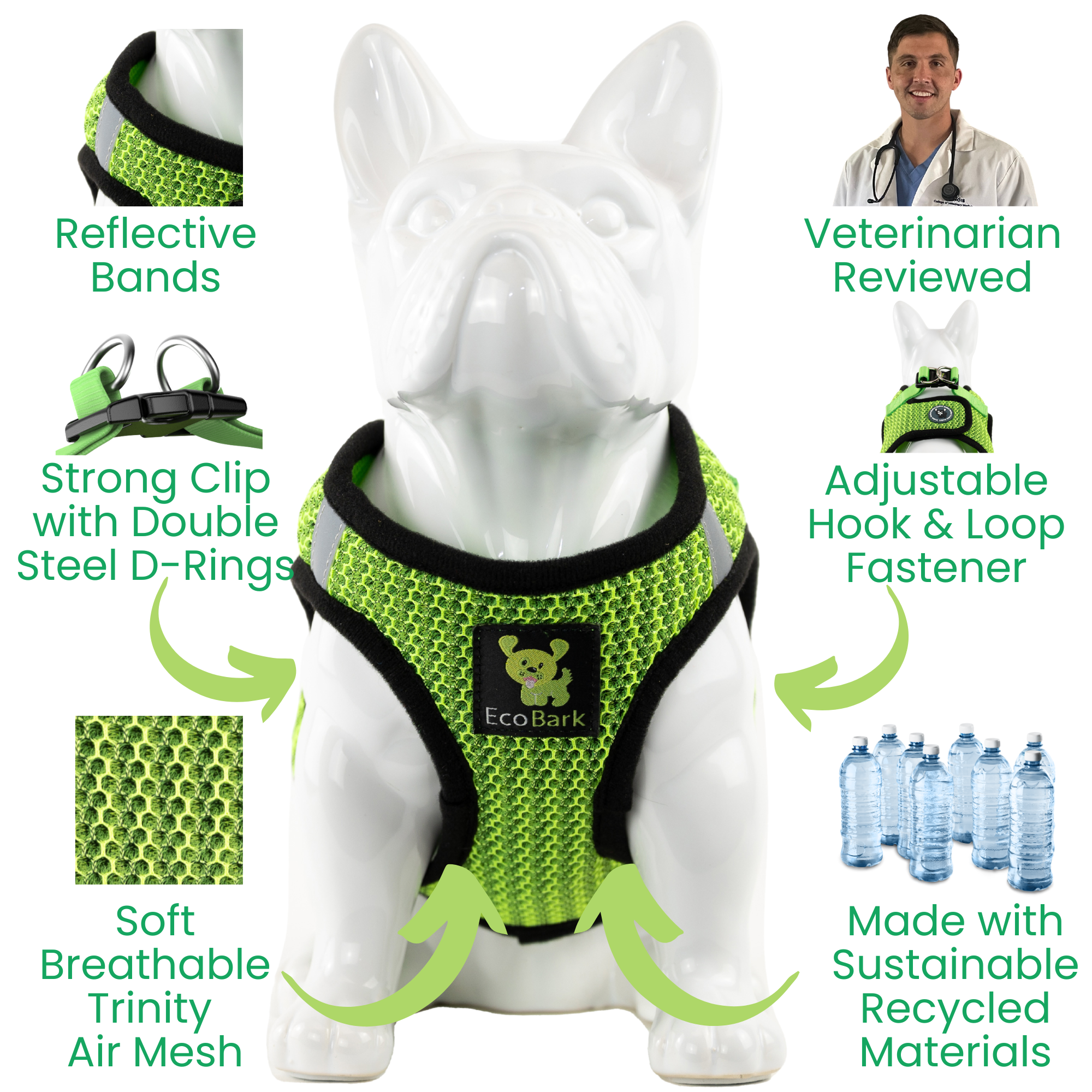 EcoBark Step In Dog Harness - Teacup & Small Breeds- Reflective Soft Mesh Harness for Teacup, Small Dogs and Puppies / Neon Green Sport