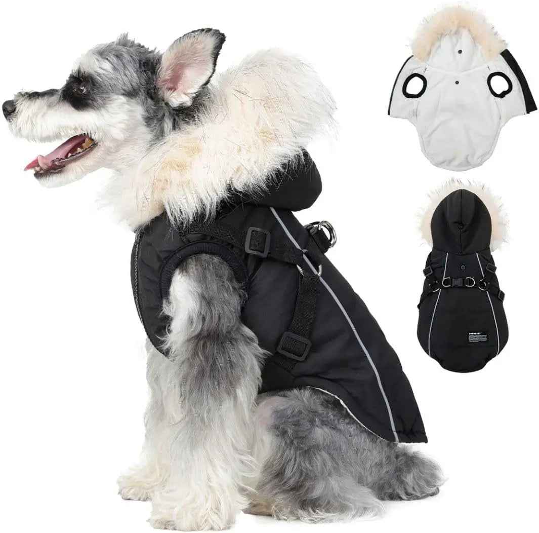 Waterproof Dog Coat Jacket Faux Fur Hood & Reflective Strap