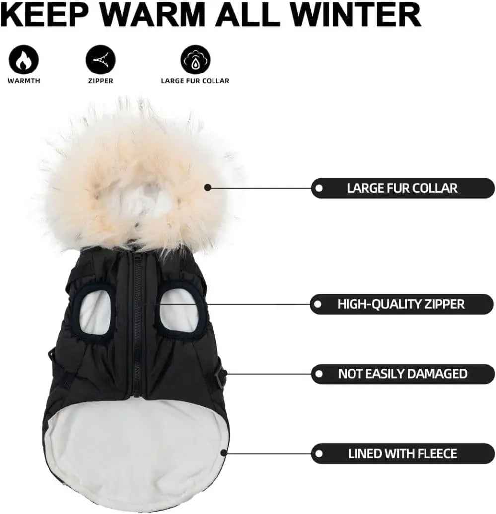 Waterproof Dog Coat Jacket Faux Fur Hood & Reflective Strap