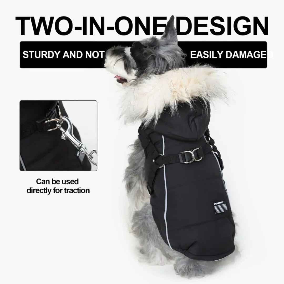 Waterproof Dog Coat Jacket Faux Fur Hood & Reflective Strap