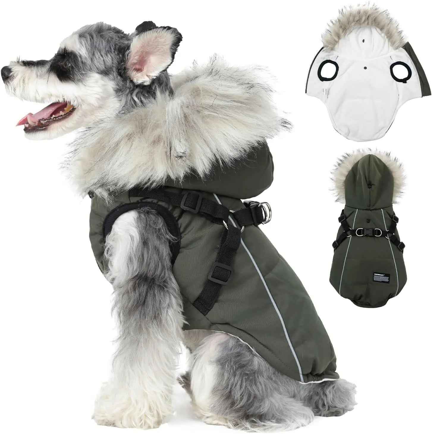 Waterproof Dog Coat Jacket Faux Fur Hood & Reflective Strap
