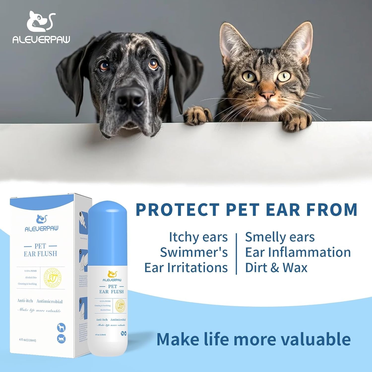 Pet Ear Cleaner PHMB Tris Flush Dog Cat Wax Odor Removal Ear Care Kit 4oz