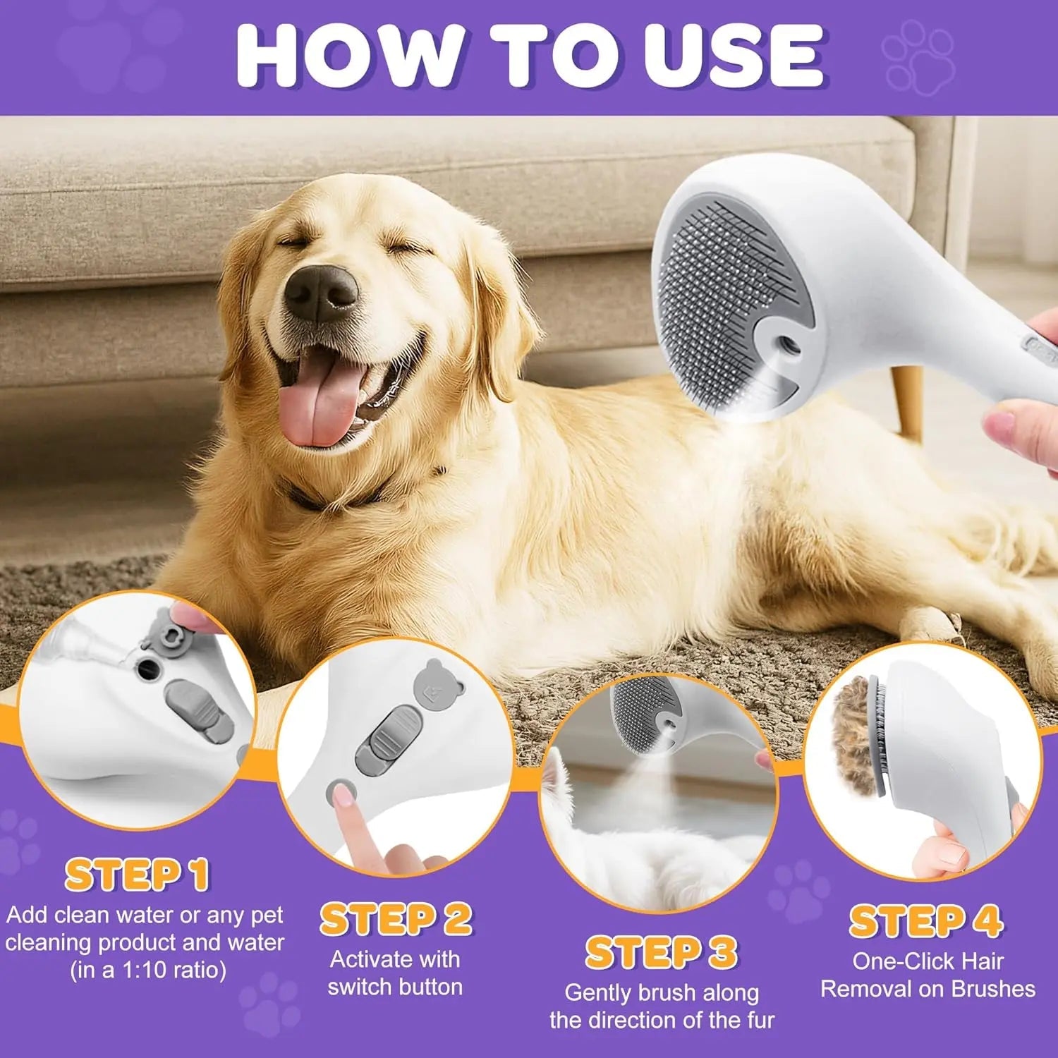 Pet Grooming Brush for Cats & Dogs- Self Cleaning Rechargeable Deshedding