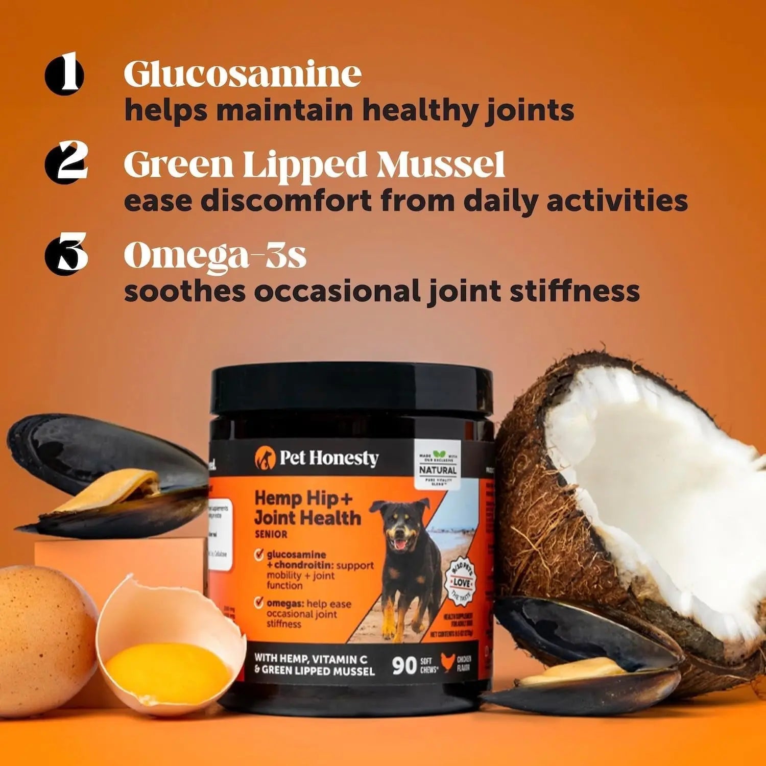 Pet Honesty Senior Hemp Hip & Joint Supplement for Dogs Mobility Chews 90 Ct