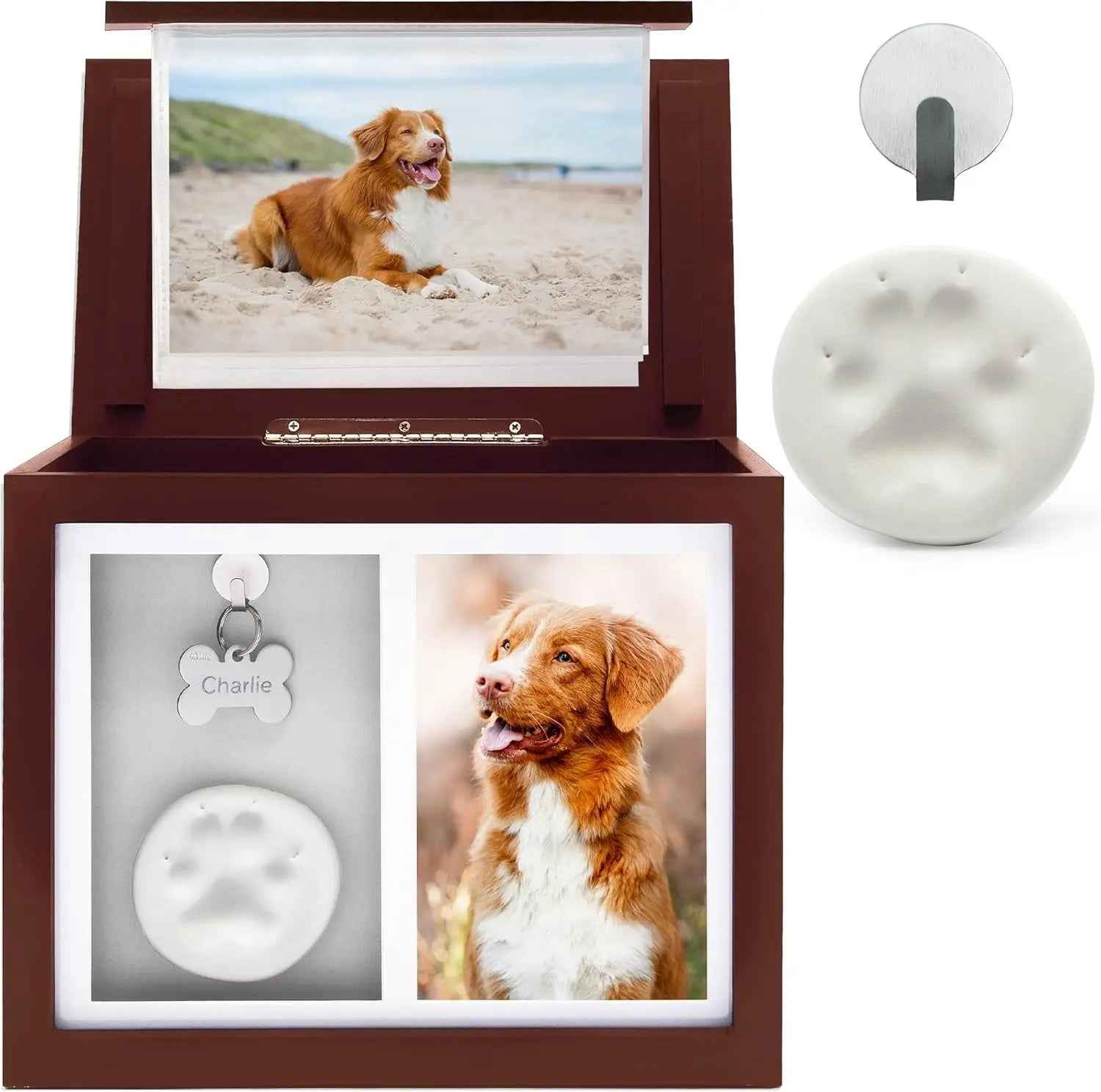 Pet Memorial Urn Keepsake Box with Photo Frame, Paw Print Kit & Photo Album