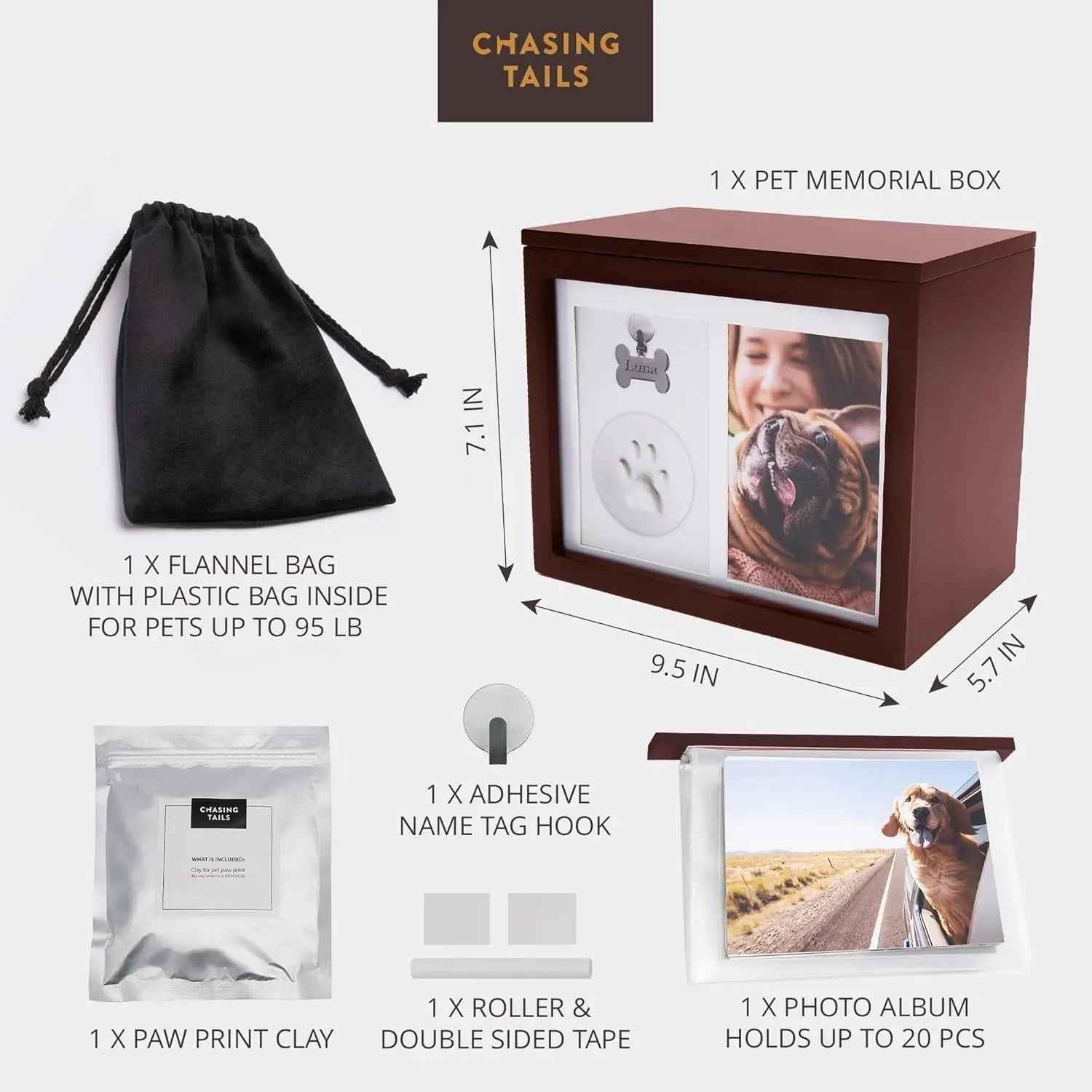 Pet Memorial Urn Keepsake Box with Photo Frame, Paw Print Kit & Photo Album