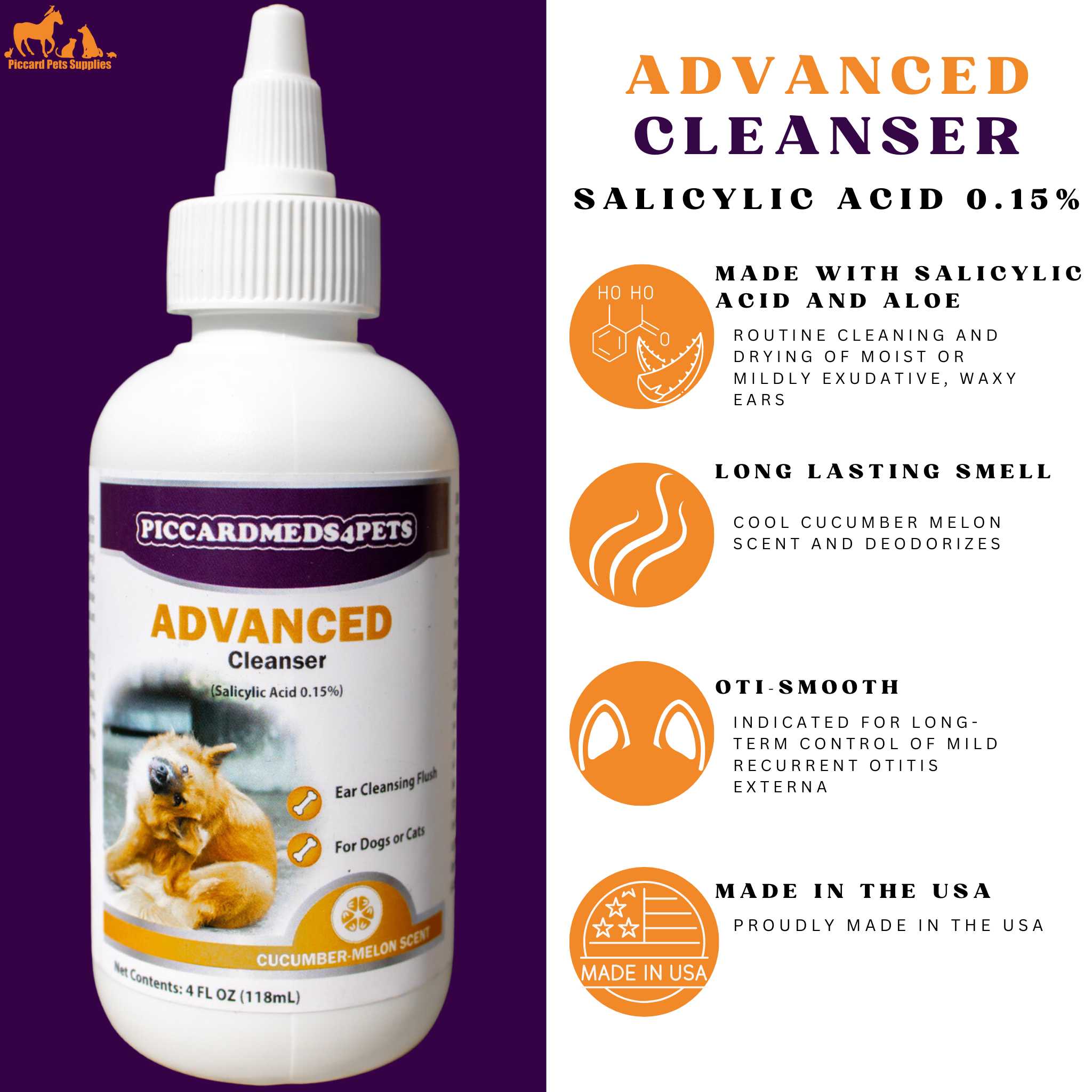 Piccardmeds4pets Ear Cleansing Solution  Salicylic Acid Aloe 4 oz. + Free Bandana