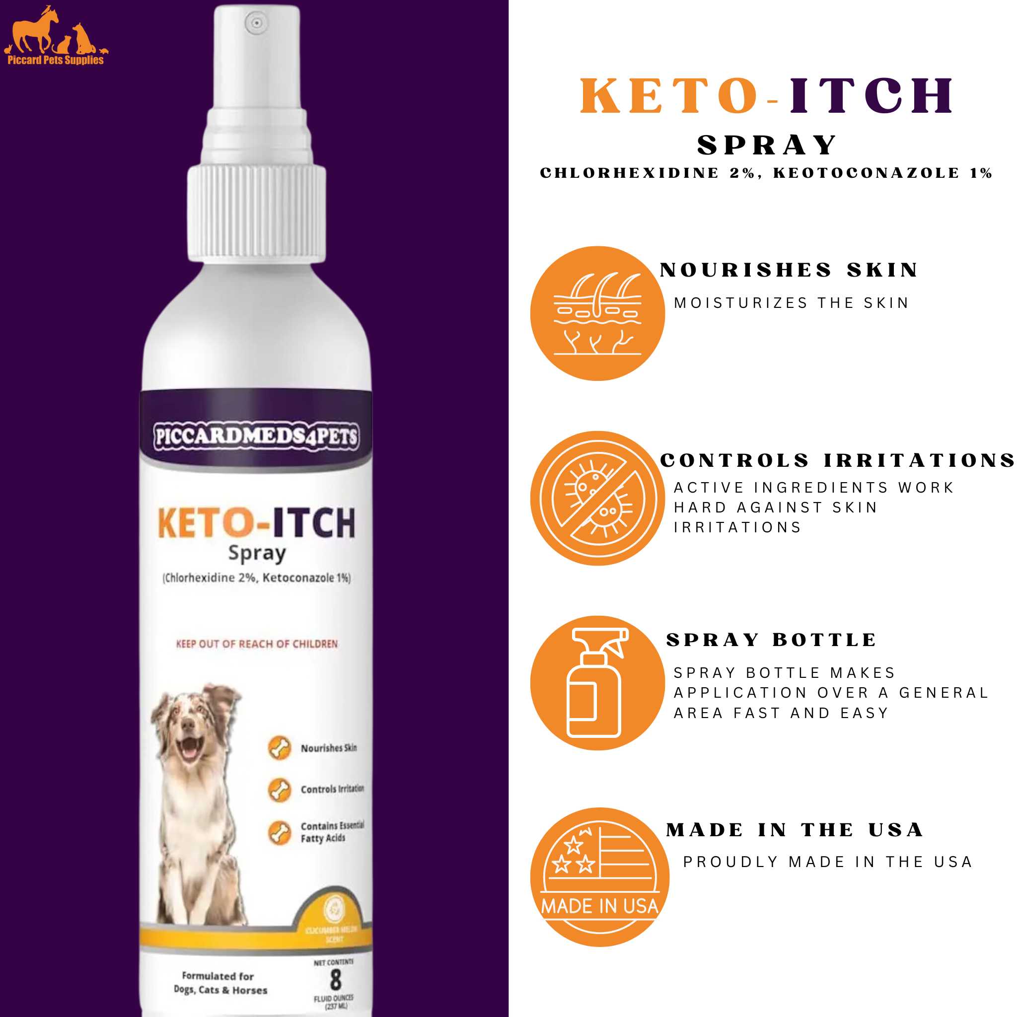 Piccardmeds4pets Keto-Itch Plus 2% Chlorhexidine + Keto 1% Medicated Spray 8 oz. + FREE Bandana!