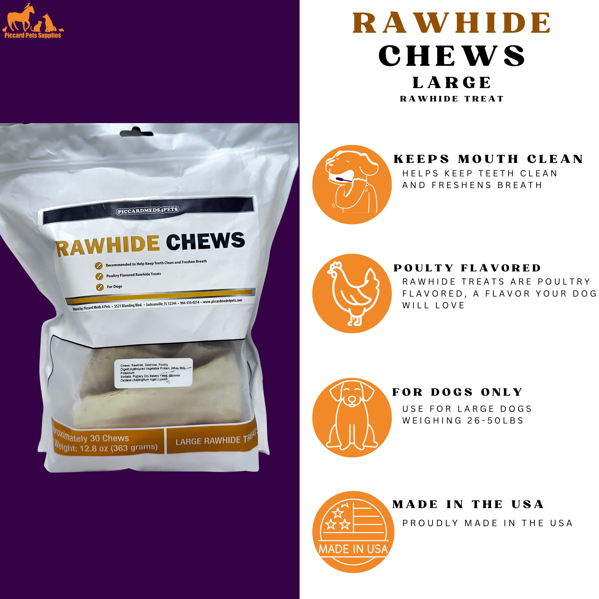 Piccardmeds4pets Rawhide Dental Chews Large Dogs 26–50lbs Teeth & Breath Care
