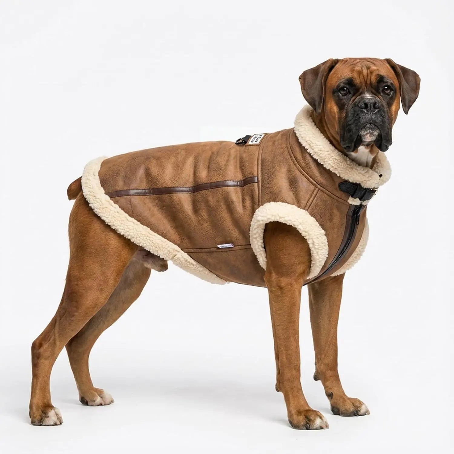 Retro Aviator Dog Jacket – Faux Leather Sherpa Coat
