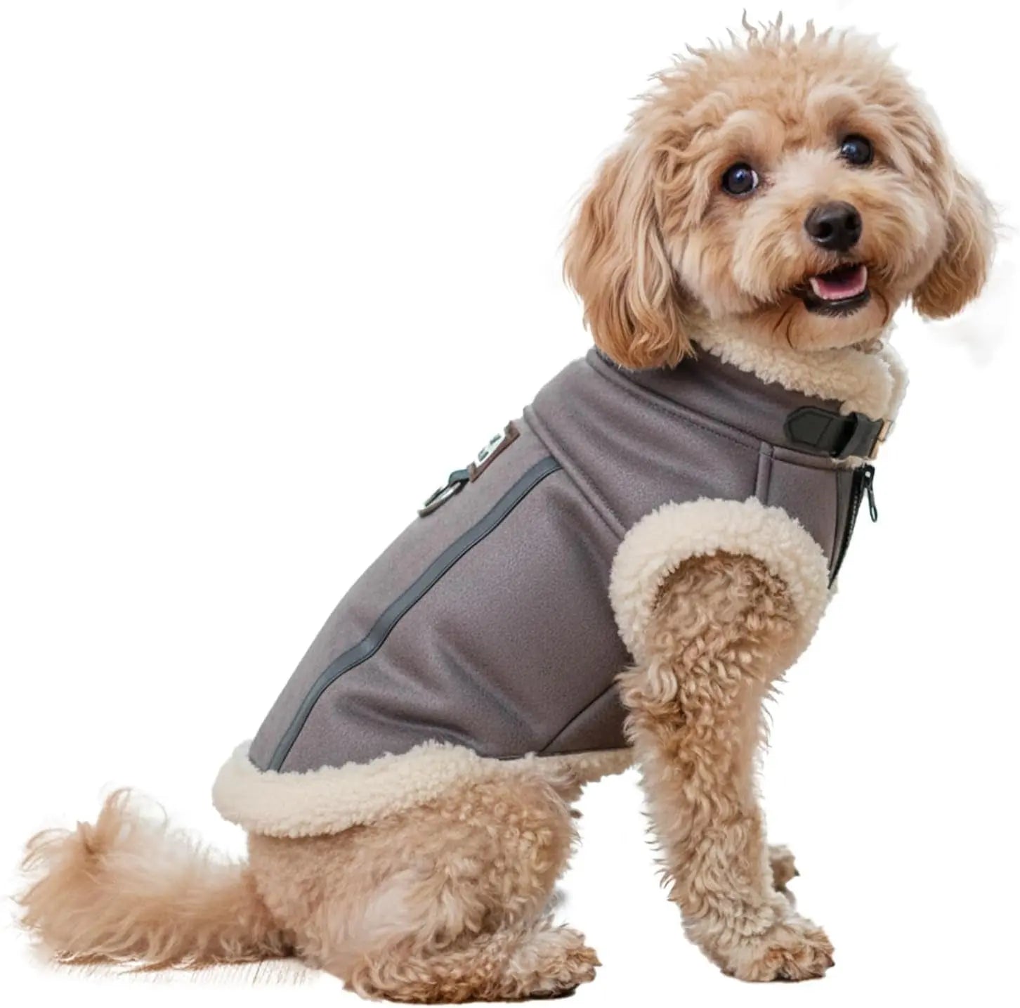 Retro Aviator Dog Jacket – Faux Leather Sherpa Coat
