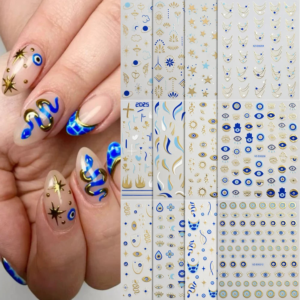 1pc 3D Eyes/Stars/Snake Designs Nail Stickers Angel Eye Nail Art Decor Golden & Blue Evil Eye Designs Manicure DIY Accessories *
