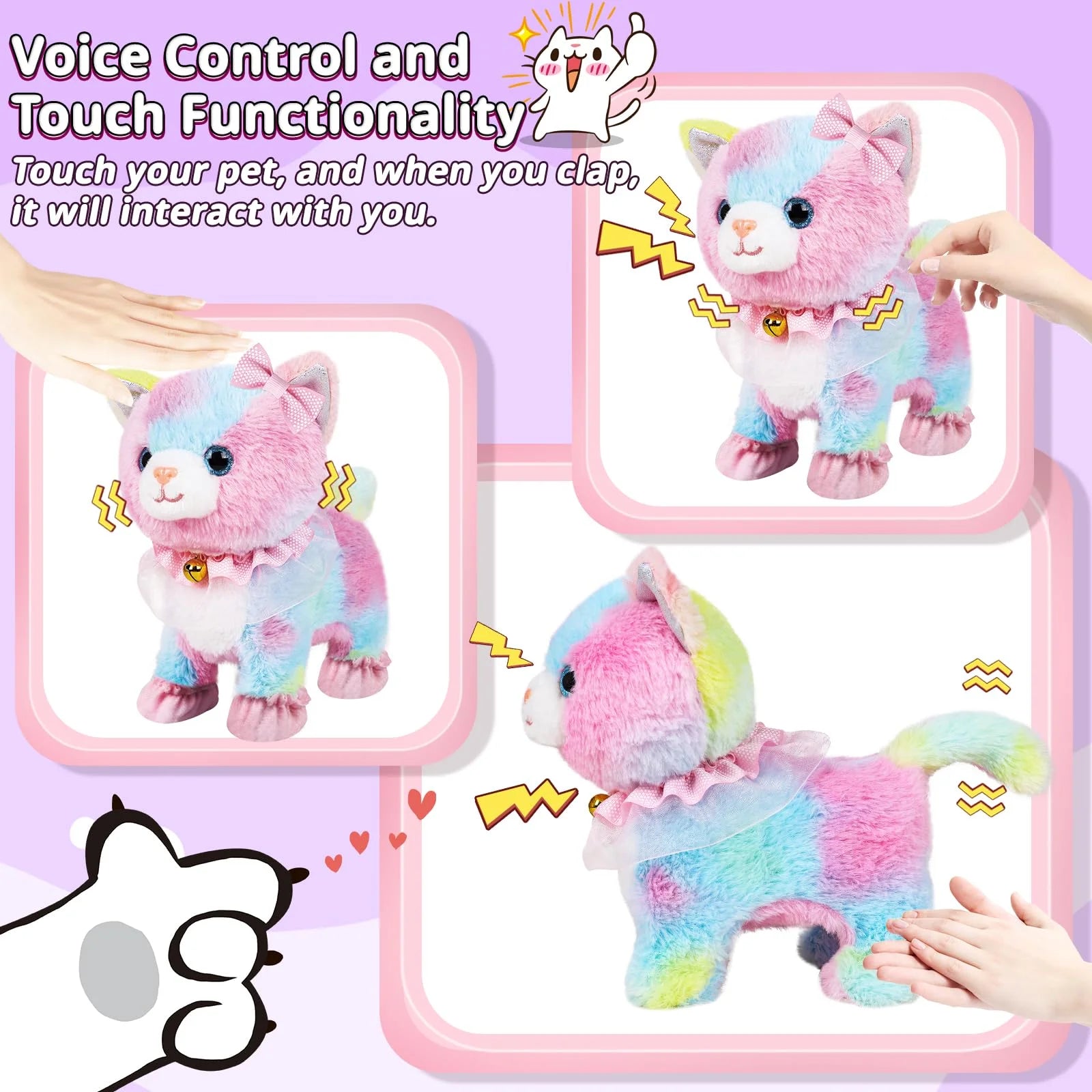 Kids RC Rainbow Cat Plush Toy Walking Kitten Grooming Beauty Accessories Set Adorable Pet Toy Birthday Present For Little Girls