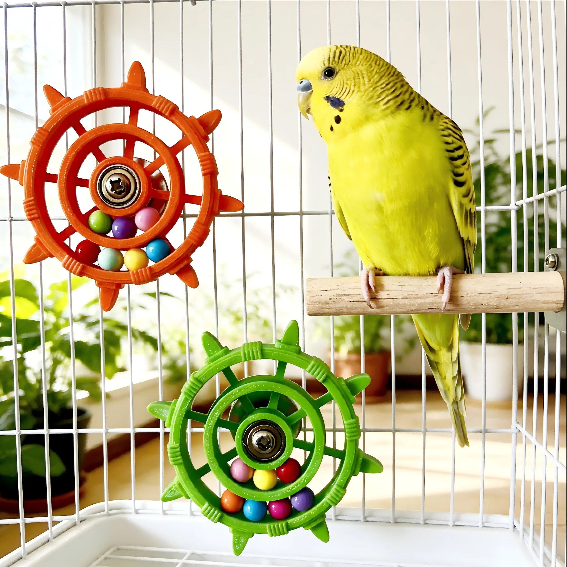 Rudder Shaped Parrot Spinner Rattle Bite Resistant Colorful Beads Bird Cage Plastic Interactive Spinning Wheel Small Birds Toy