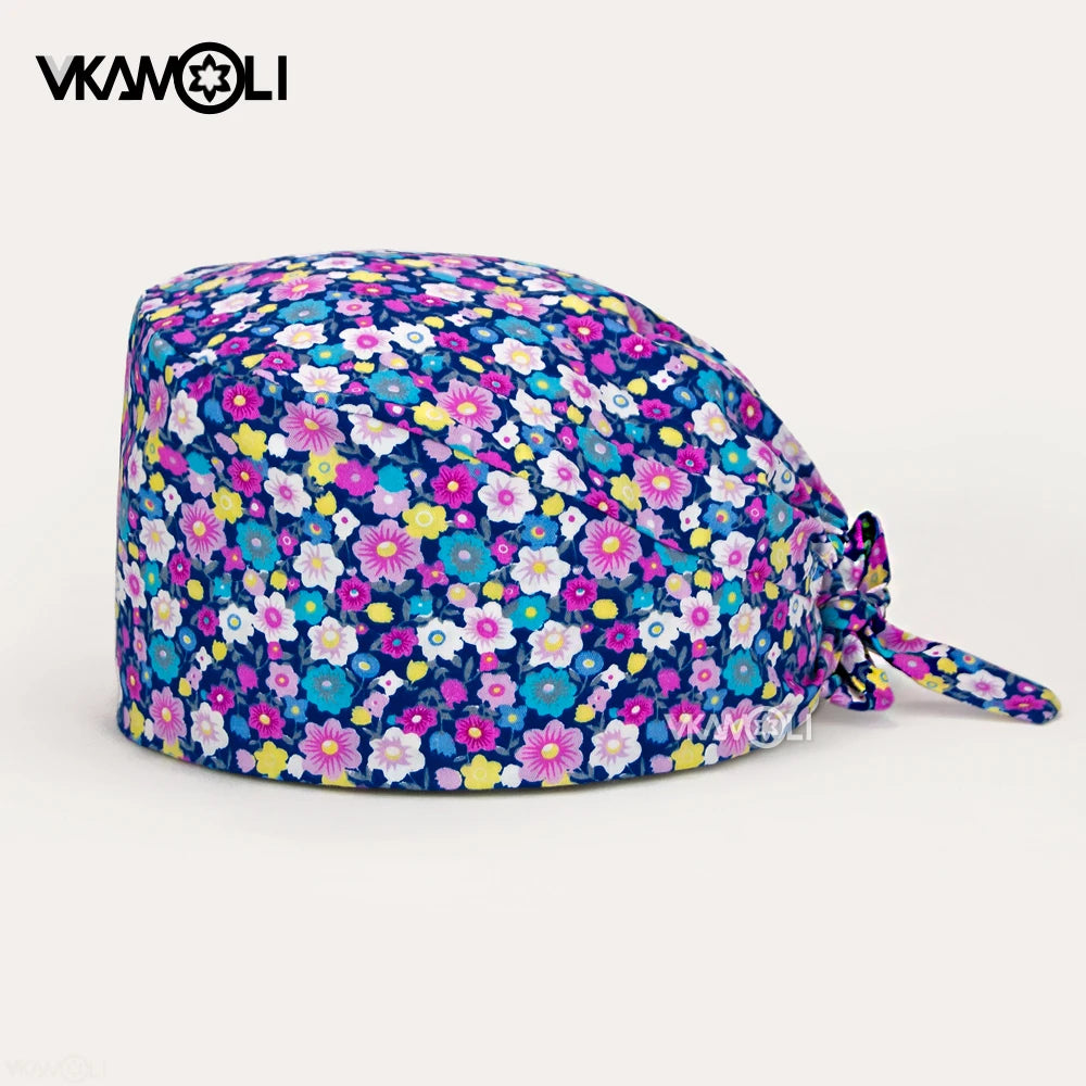 women's Cotton scrubs caps weat-absorbent Elastic Section pet grooming nursing work hats lab Flower print scrub hat Wholesale