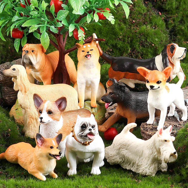 Oenux Dog Animals Model Bulldog Corgi Shiba Inu Husky Pug Schnauzer Chihuahua Puppy Figurines PVC Cute Collection Toy Kid Gift