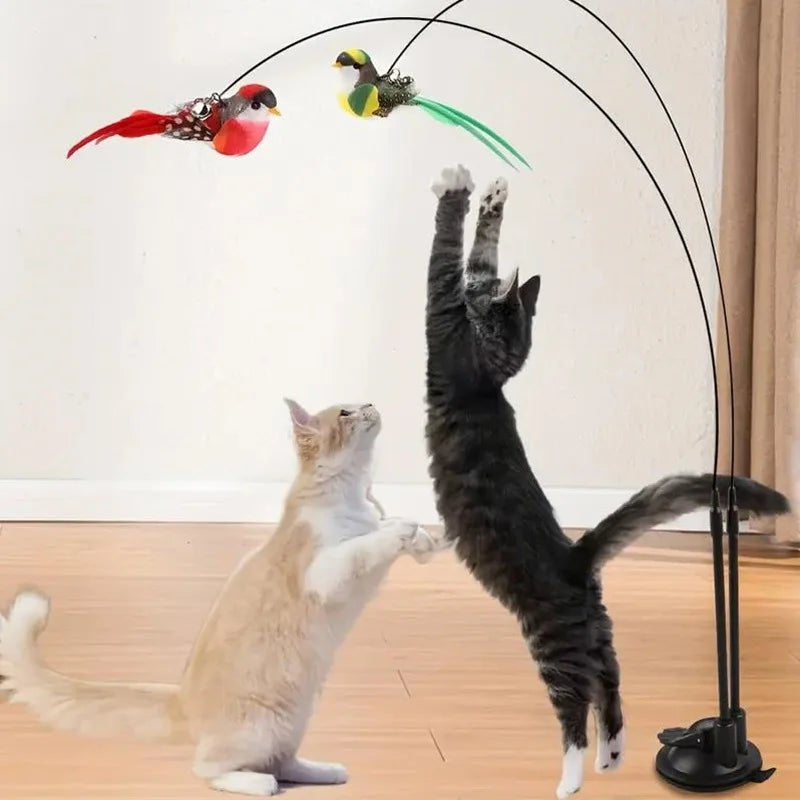 Interactive Cat Teaser Wand Double Rod Suction Cup Simulated Bird Feather Toy Self Play Kitten Entertainment Supplies