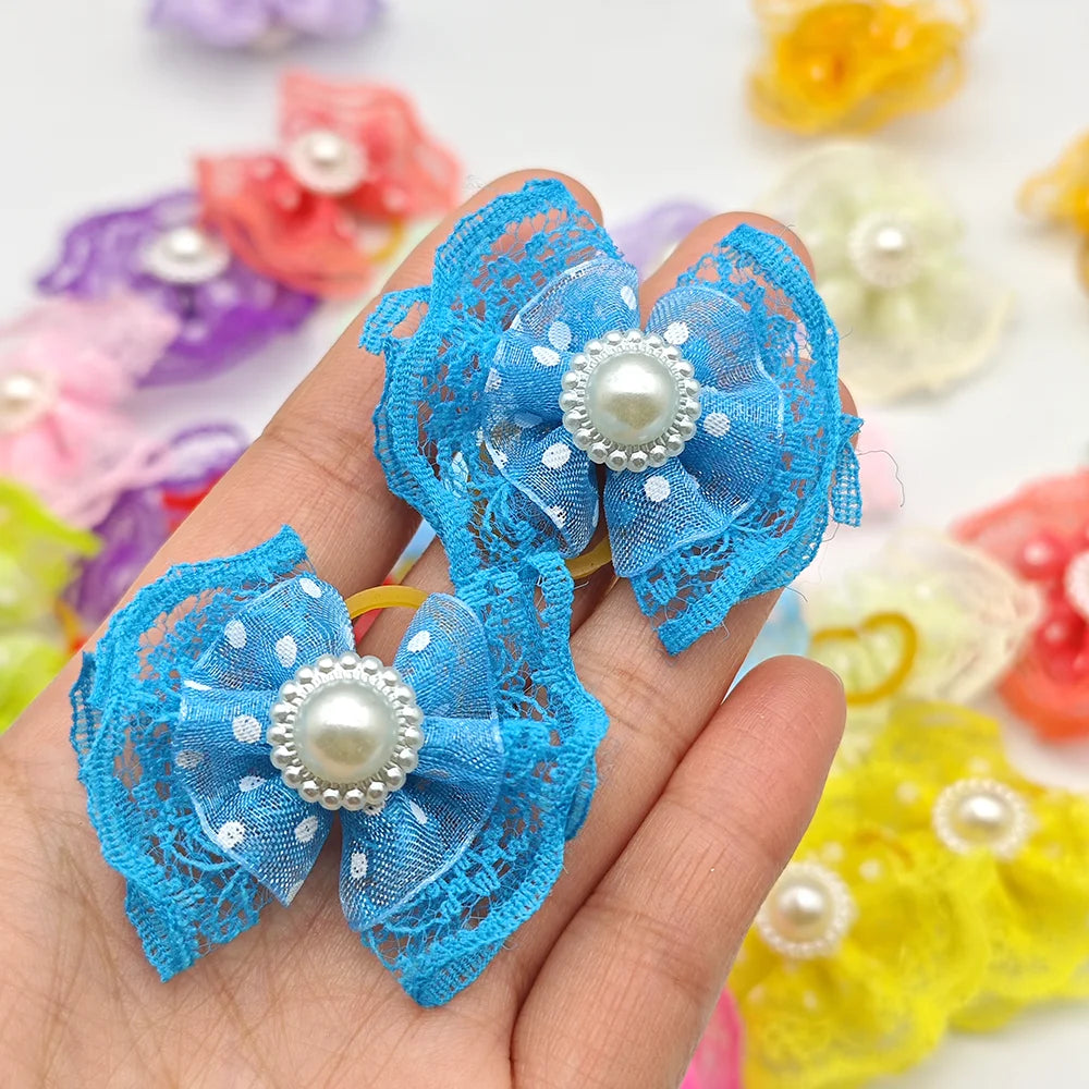 10pcs Bright Double-layer Lace Bows For Dogs 13 Colors Dog Grooming Hair Accessories Pet Rubber Band Hair Clips Puppy Supplies