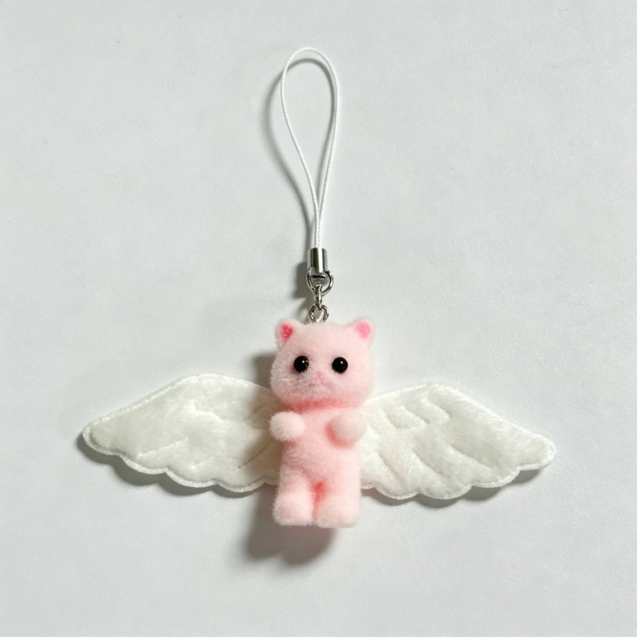 Cute Angel Wing Flocking Cat Charm Keychain for Women Cute Mini Kitten Bag Pendant Sweet Girl Phone Lanyard Keychain Accessories