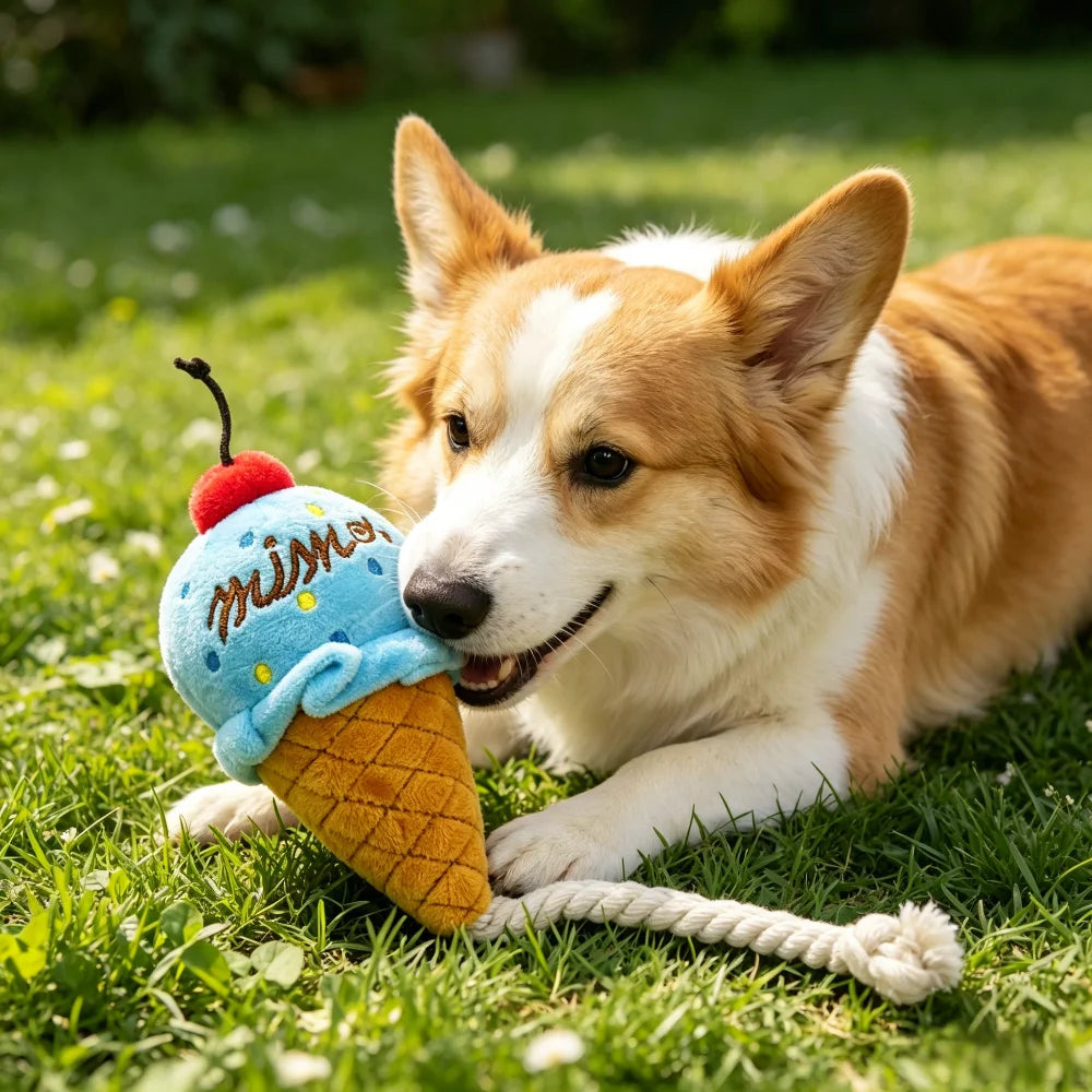 Two-Tone Ice Cream Squeaky Rope Toy: Chew-Friendly Plush with Knots for Independent Play and Teething Fun for Dogs
