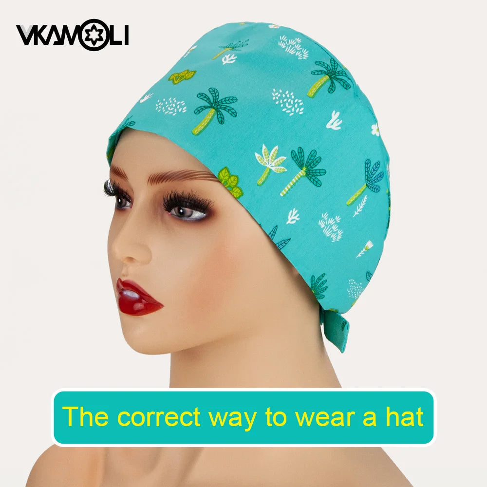 Women's Cotton Scrubs Caps Sweat-Absorbent Elastic Section Pet Grooming Nursing Work Hats Lab Flower Print Scrub Hat Wholesale