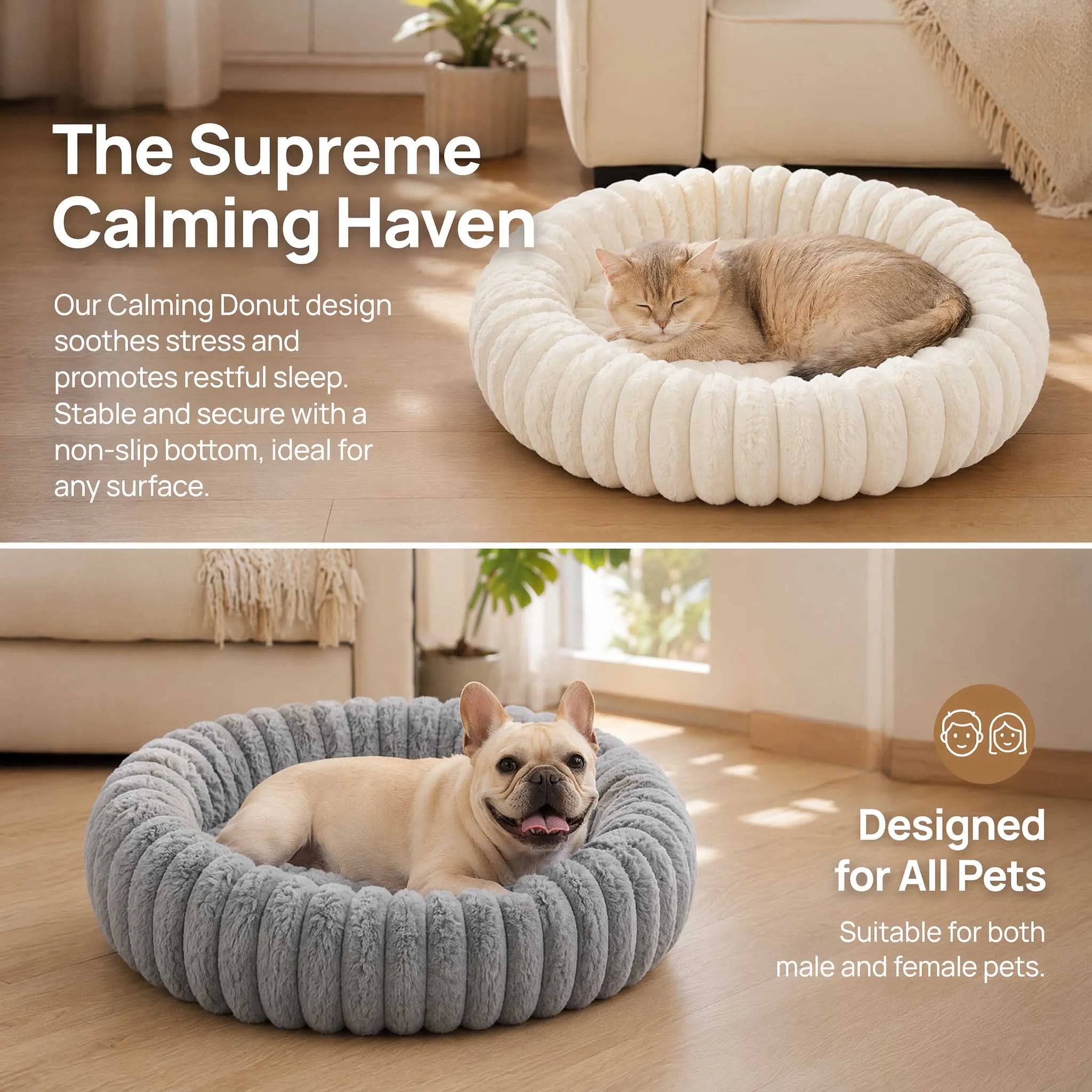 Warm Round Donut Cat Bed Vertical Striped Plush Raised Bolster Pet Bed Non Slip Washable Cozy Nest for Small Medium Dogs Cats