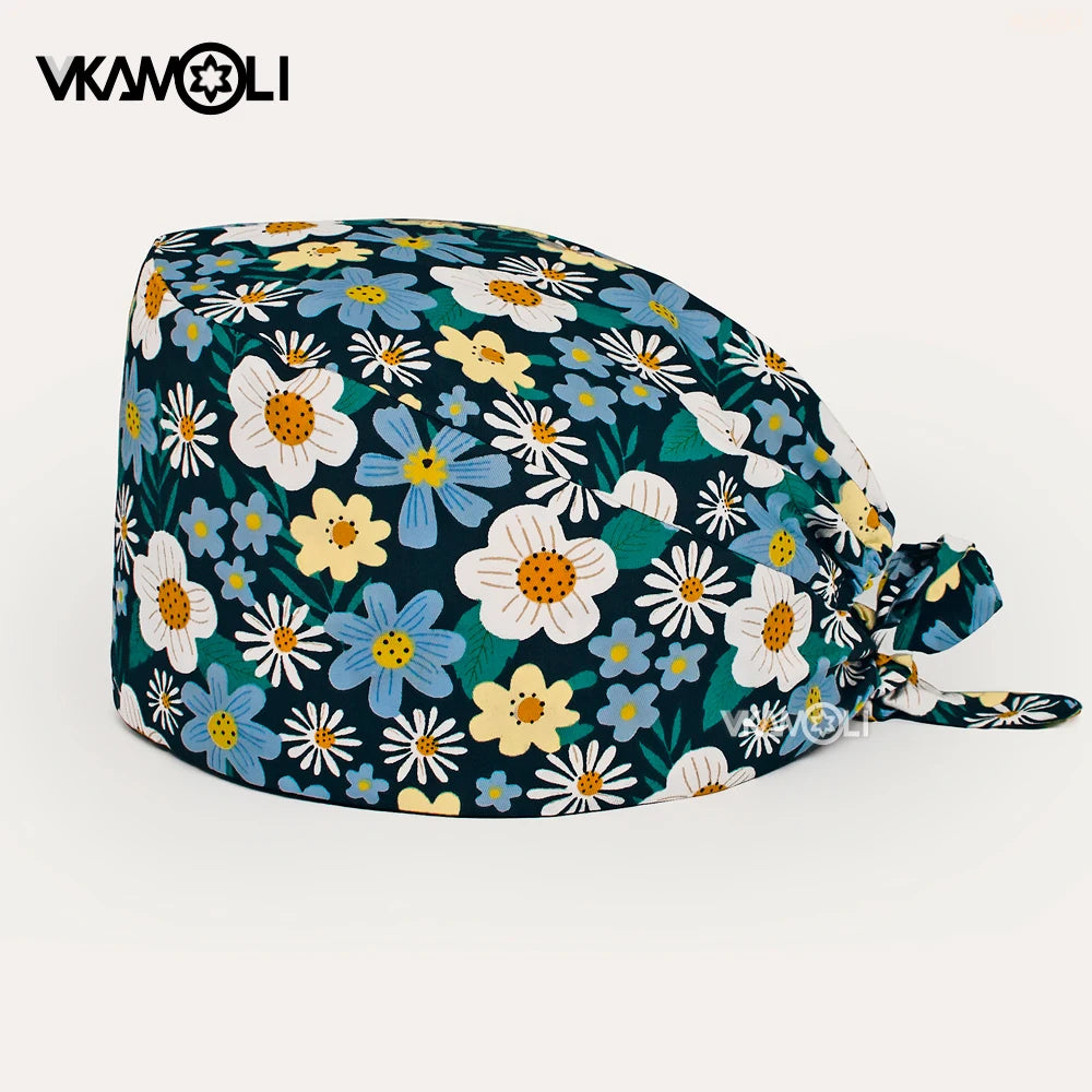 Women's Cotton Scrubs Caps Sweat-Absorbent Elastic Section Pet Grooming Nursing Work Hats Lab Flower Print Scrub Hat Wholesale