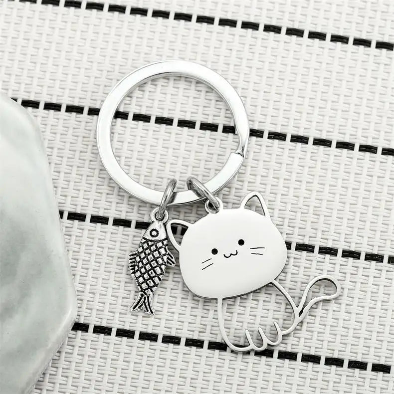 Stainless Steel Cat Fish Keychain for Women Cute Cartoon Kitten Keyring Men Couple Bag Purse Pendant Jewelry Gift Accessories