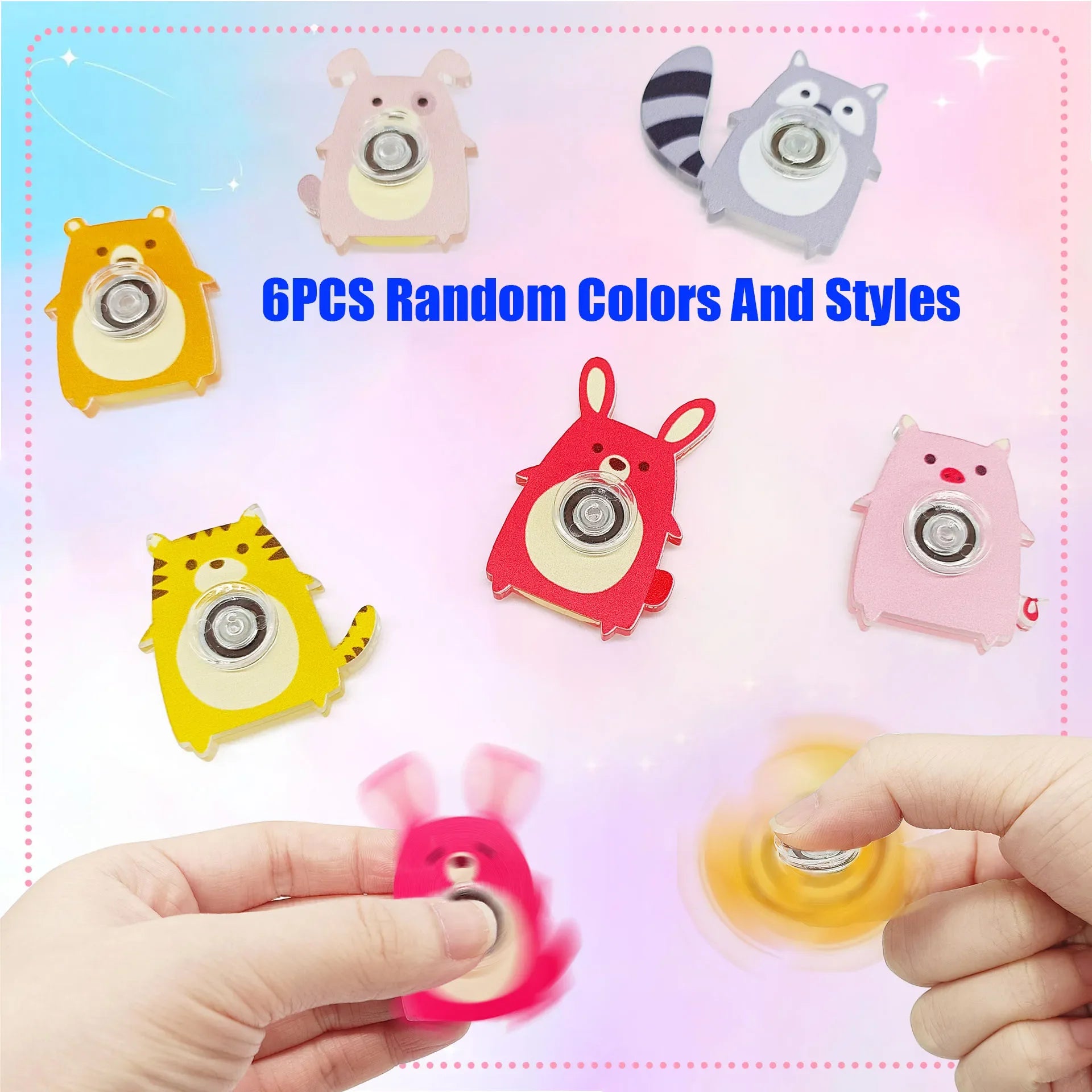 6PCS Acrylic Animal Fingertip Gyro Fidget Spinner Cat Dog Fox Stress Relief Toys Kids Party Favors Anxiety Relief Gift