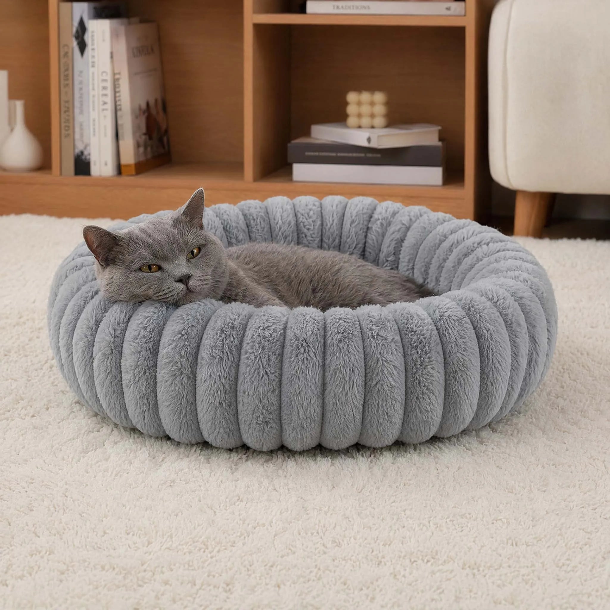 Warm Round Donut Cat Bed Vertical Striped Plush Raised Bolster Pet Bed Non Slip Washable Cozy Nest for Small Medium Dogs Cats