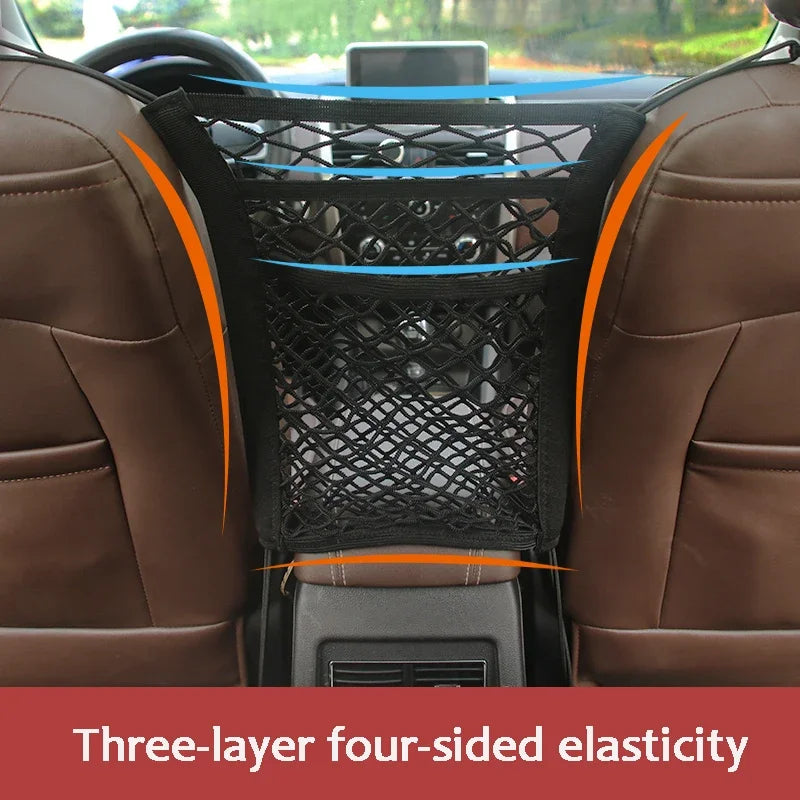 Car Storage Net Bag Between Seats Car Divider Pet Barrier Stretchable Elastic Mesh Bag Organizer Auto Accessories