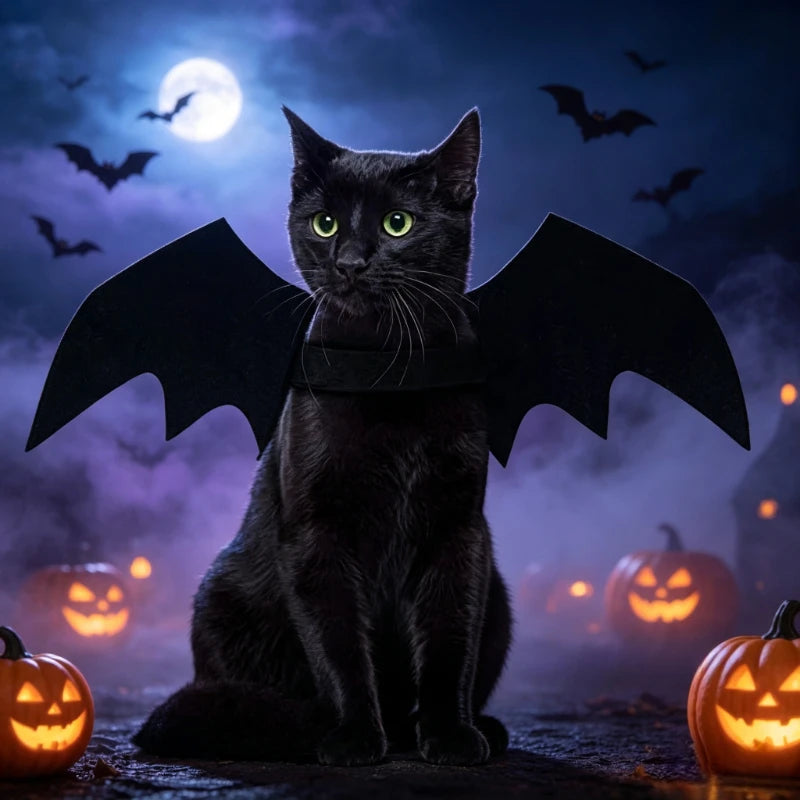 Halloween Cat Bat Wings Costume, Adjustable Black Felt Pet Cosplay Harness Dress Up Accessory for Kitten