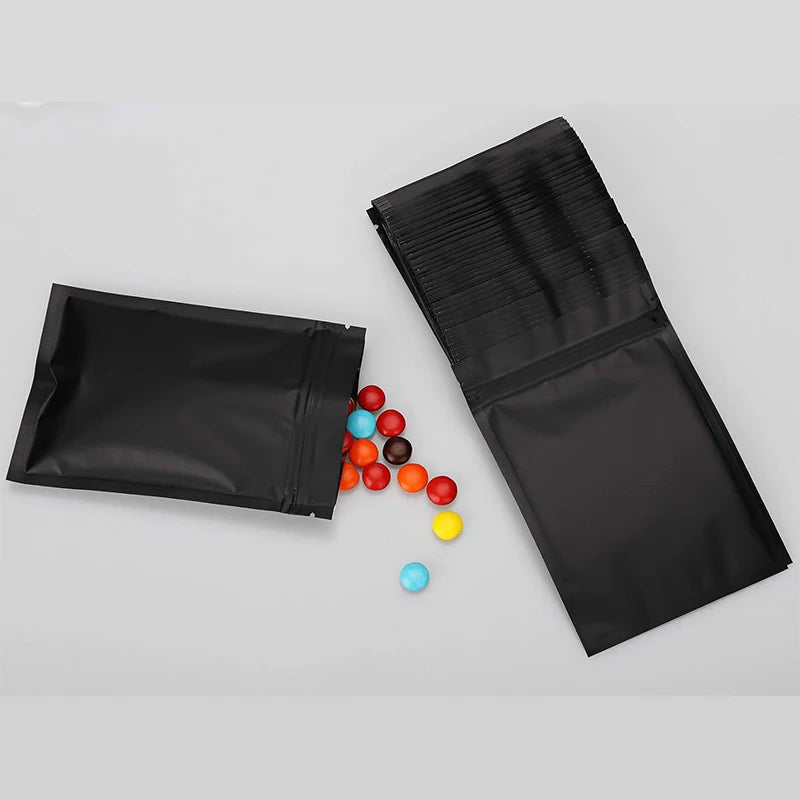 50PCS Resealable Coffee Herb Powder Zipper Pack Bag Smell Proof Flat Pouches Matte Black Small Aluminum Foil Zip Lock