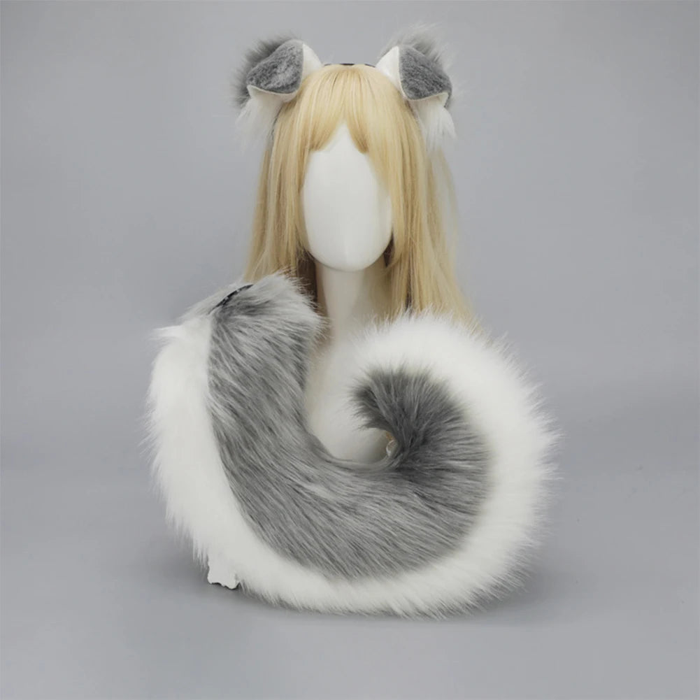 Women Furry Plush Dog Ears Headband Tail Set Halloween Christmas Cosplay Cute Pet Role Play Akita Folded Droopy Ears Hot New