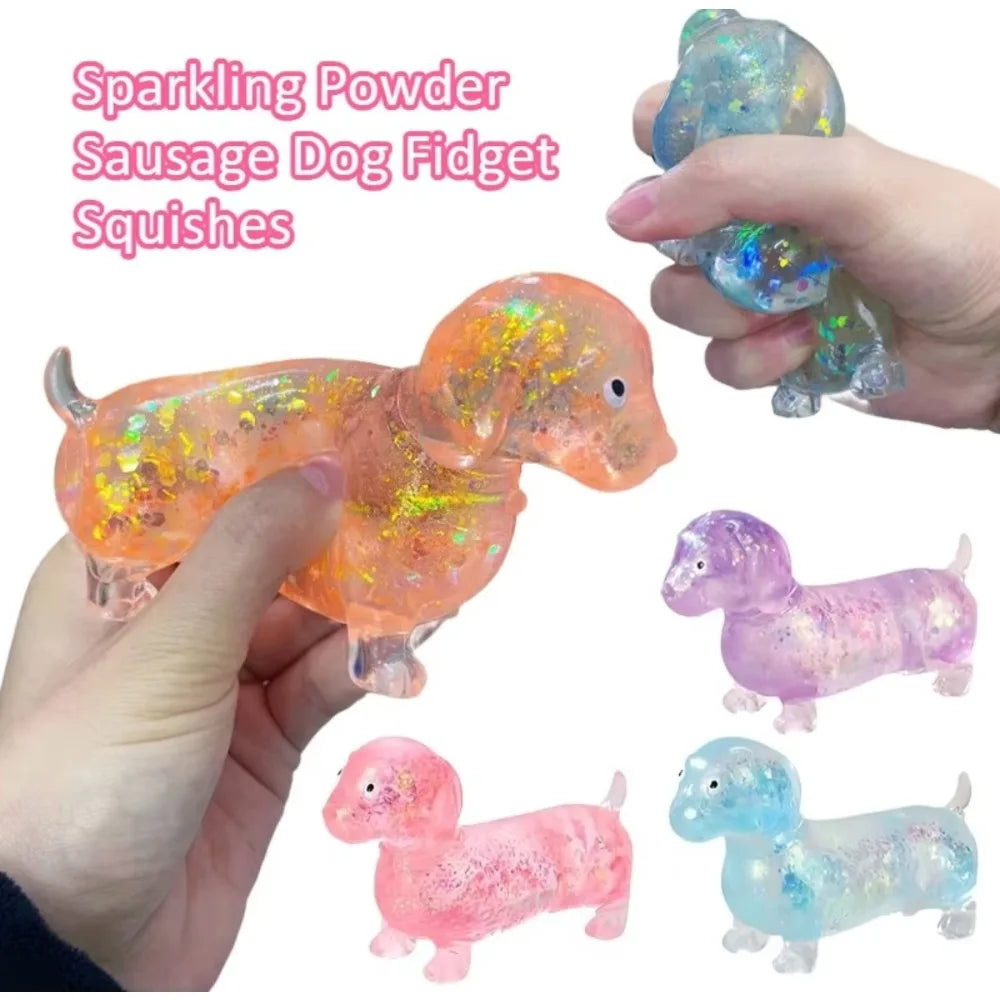 Sparkling Powder Sausage Dog Fidget Squishes Pinch Soft Maltose Texture Stress Relieving Toy Cute Puppy Slow Rising Squishy Toys