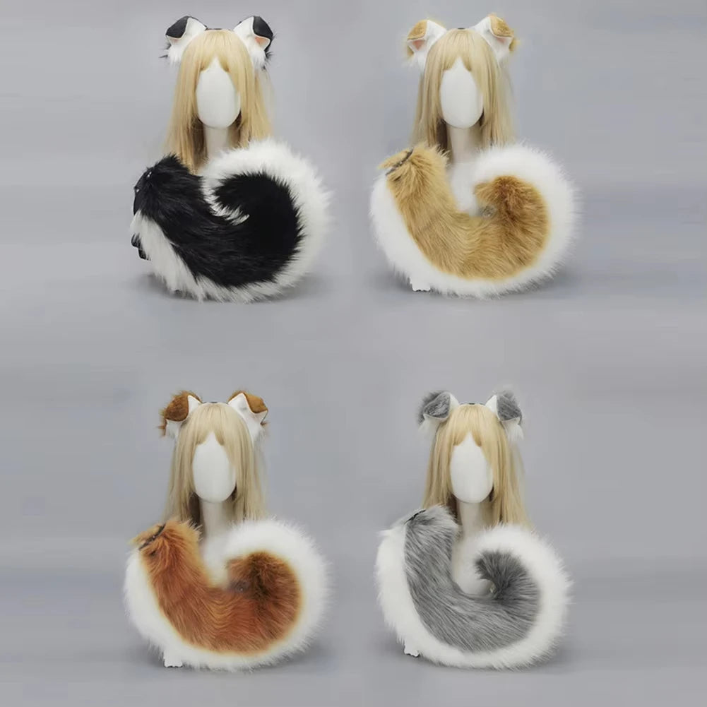 Women Furry Plush Dog Ears Headband Tail Set Halloween Christmas Cosplay Cute Pet Role Play Akita Folded Droopy Ears Hot New