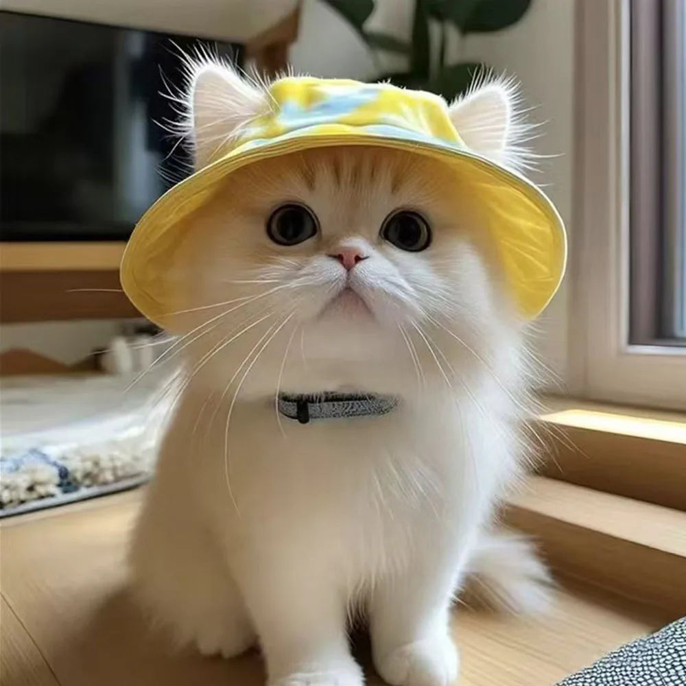 Summer Pet Cat Sun Hat with Ear Holes - Cute Kitten Fisherman Cap for UV Protection, Breathable Outdoor Sunshade Cap for Cats
