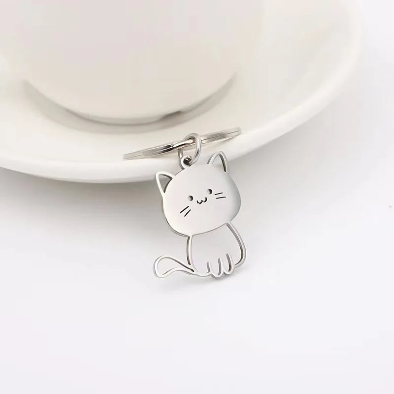 Stainless Steel Cat Fish Keychain for Women Cute Cartoon Kitten Keyring Men Couple Bag Purse Pendant Jewelry Gift Accessories
