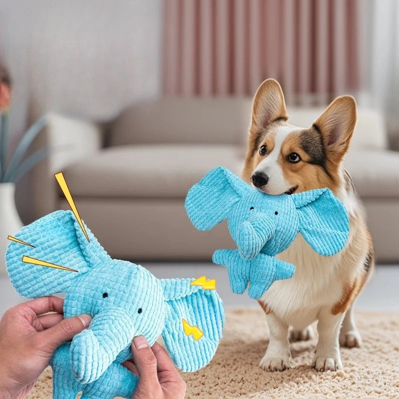 Pet Dog Toys Blue Corduroy Elephant Plush Squeaky Chew Toy Soft Stuffed Bite Resistant Interactive Teeth Cleaning Pet Play Toy ﻿