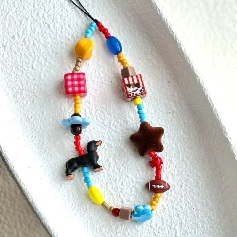 Ins Cartoon Colored Beaded Sausage Dog Anti Loss Phone Keychain Cute Bead Phone Strap Hand Chain Bag Accessories Gifts