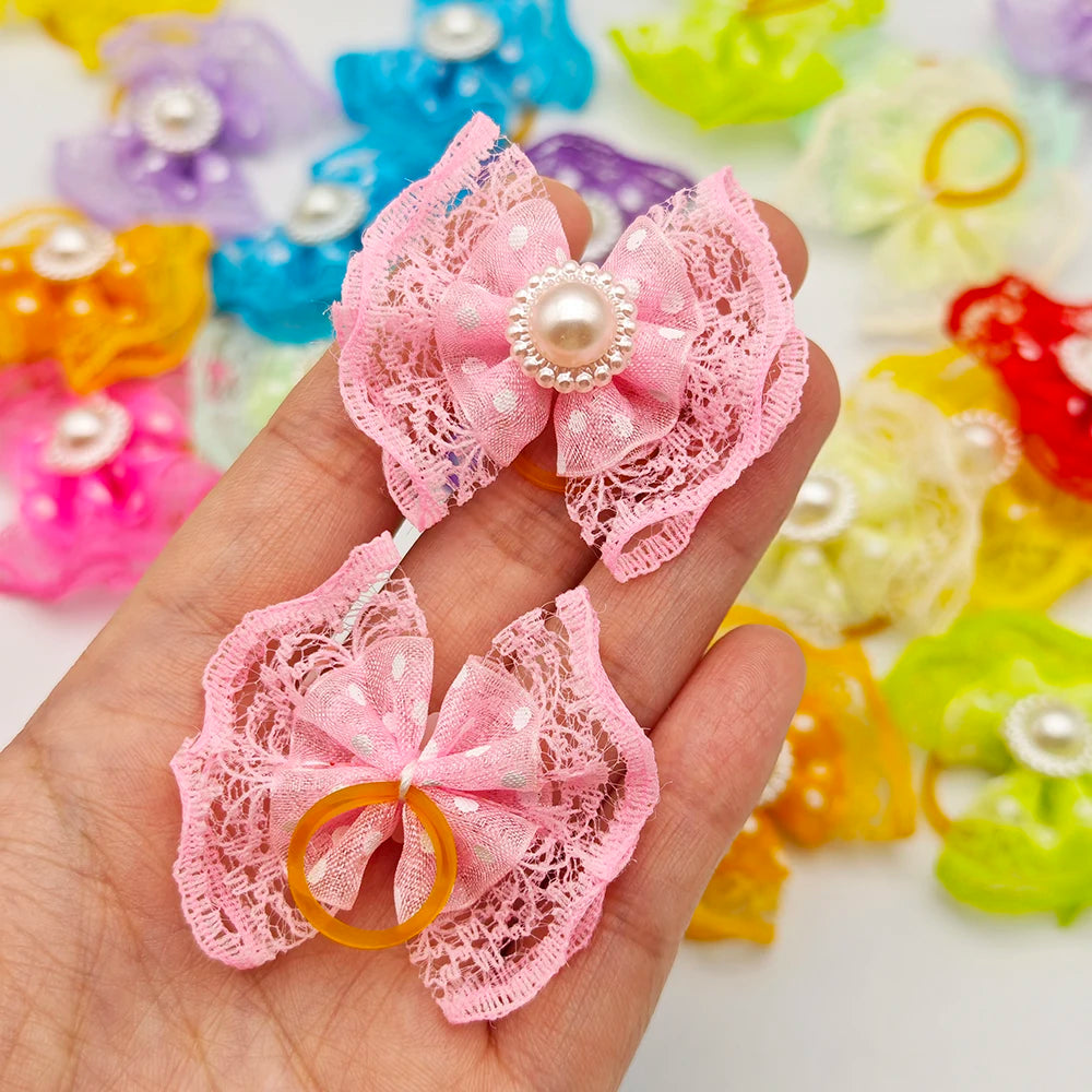 10pcs Bright Double-layer Lace Bows For Dogs 13 Colors Dog Grooming Hair Accessories Pet Rubber Band Hair Clips Puppy Supplies