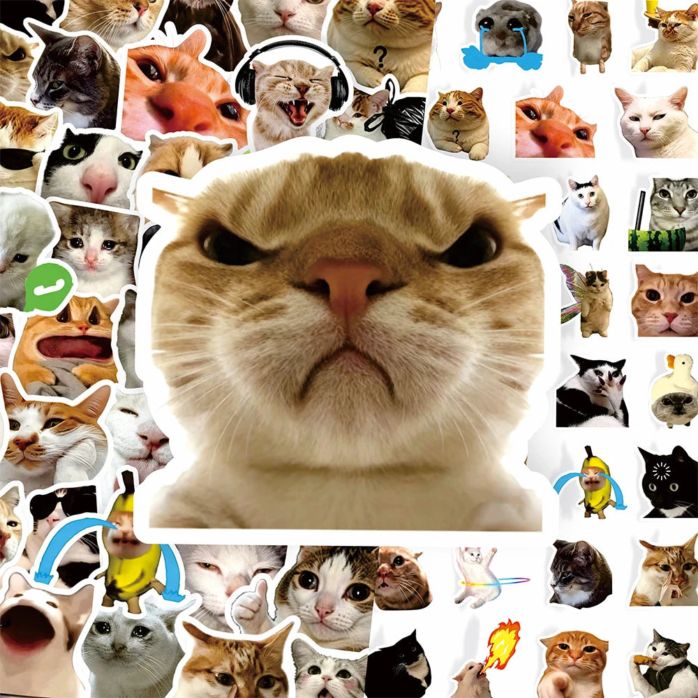 100PCS Funny Cat Meme Cartoon Stickers DIY Laptops Water Bottles Phone Cute Animal Waterproof Graffiti Decals Toys Gift