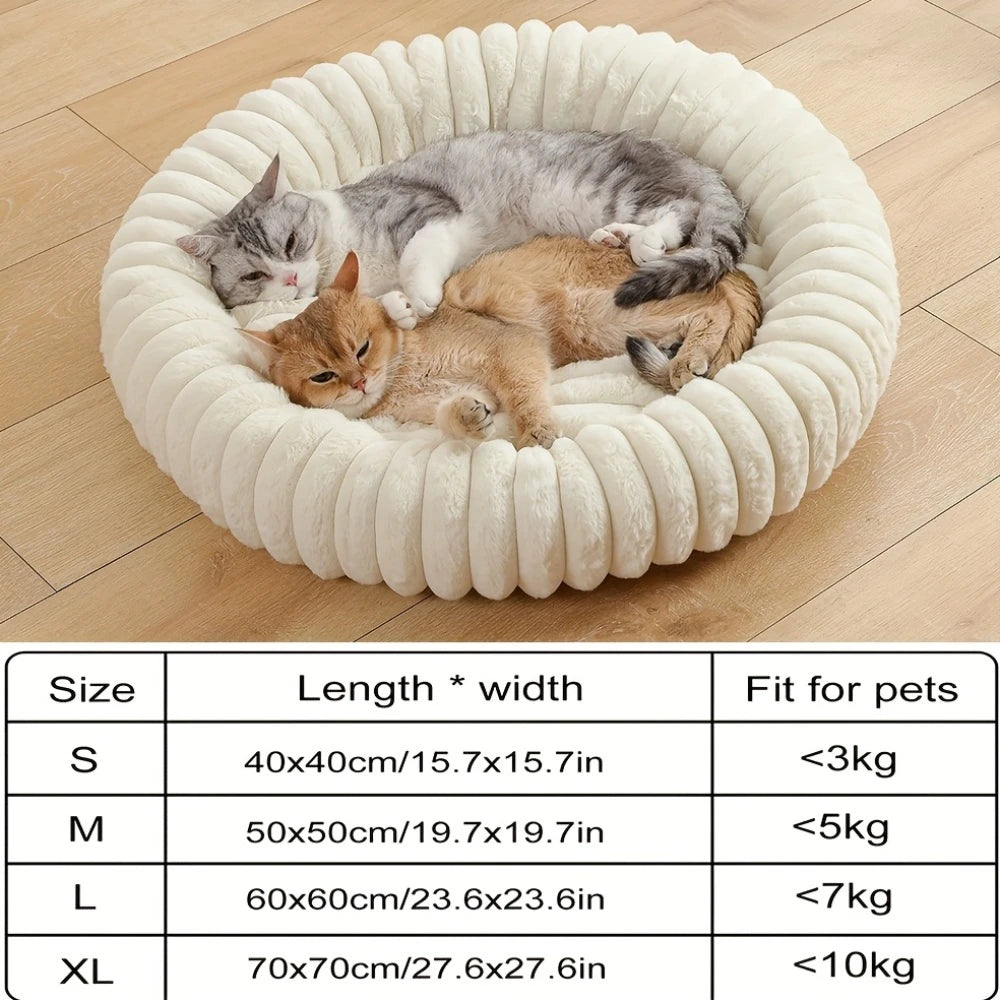 Warm Round Donut Cat Bed Vertical Striped Plush Raised Bolster Pet Bed Non Slip Washable Cozy Nest for Small Medium Dogs Cats