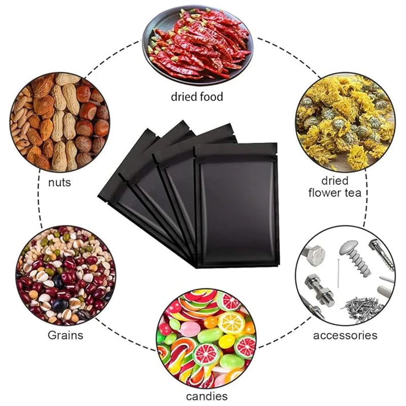 50PCS Resealable Coffee Herb Powder Zipper Pack Bag Smell Proof Flat Pouches Matte Black Small Aluminum Foil Zip Lock