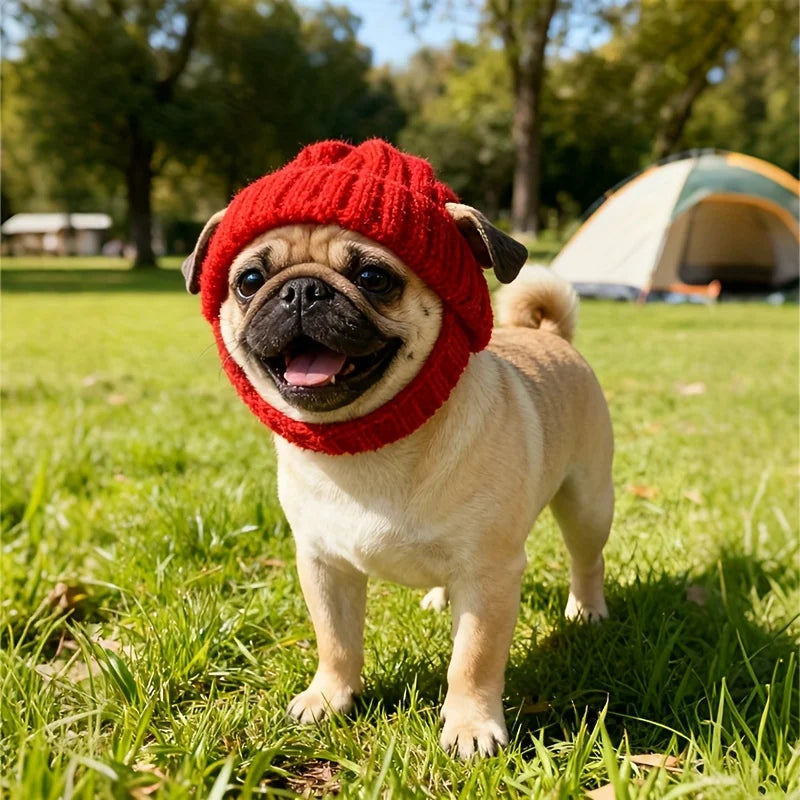 Maltese Dog Beanie Hat, Cozy Soft Knit with Ear Flaps, Cute Playful Dog Design, for Small Dogs, Red & Winter, Indoor/Outdoor Use