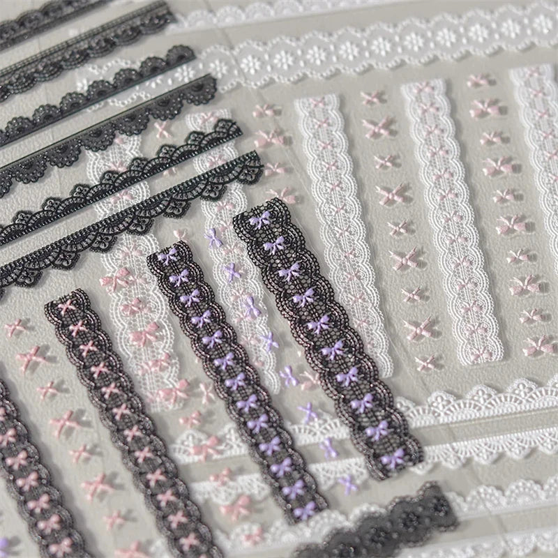1pcs Sweet Pearl Lace Bow Nail Stickers Love Heart Pink White Black Lace Bow Self Adhesive Nail Art Decorations Decals Accessory