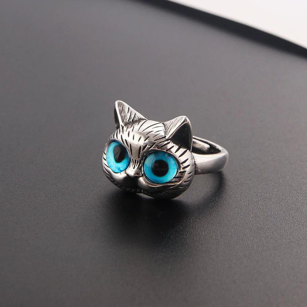 Cute Silver Color Alloy Cat Ring Fashionable Cat Eye Opening Adjustable Ring For Women Trendy Jewelry Accessories Gift