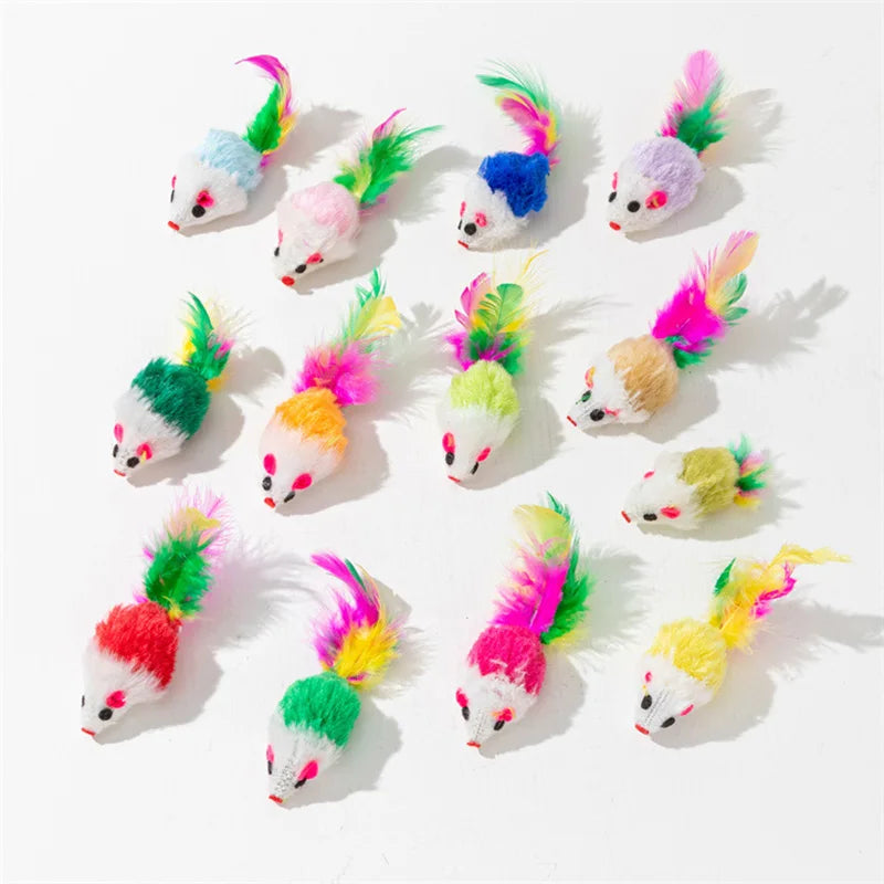 Pet Cat Toys Rabbit Fur False Mouse  Feather Rainbow Mouse Toy  Funny Playing Toys For Kitten